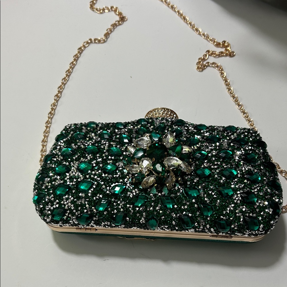 Emerald Crystal Evening Clutch with Gold Chain - Picture 13 of 16
